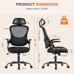 Sweetcrispy Office Computer Desk Chair, Ergonomic High-Back Mesh Rolling Work Chairs with Wheels and Adjustable Headrests, Comfortable Lumbar Support, Comfy Flip-up Arms for Home,Bedroom,Study, Grey