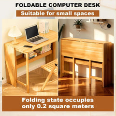 Folding Desk with Bookshelf │ Bamboo Folding Computer Desk │ Compact Workstation for Small Spaces │ Portable Study Table 40.6×21.3 in for Home Office Dorm