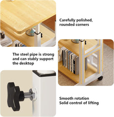 AIZYR Portable Desk Bedside Laptop Table with Wheels and Storage Shelves, Height Adjustable Computer Rolling Desk Student Desk for Home Office,White,60 * 40 * 60 cm