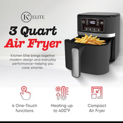 Kitchen Elite 3 Quart Digital Air Fryer Oven Compact Countertop Oil-Free Cooker with PFAS-Free Nonstick Basket, Easy Clean, Black