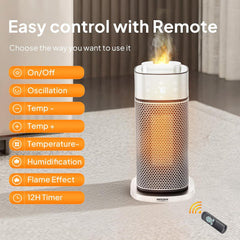 ROVSUN 3-in-1 Electric Space Heater w/Humidifier & 3D Flame Effect, Portable 16''H Tower Heater w/Timer, Adjustable Thermostat, Tip-over & Overheat Protection for Indoor Use Bedroom, Home, 2 Pack