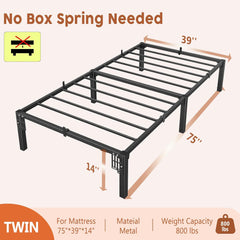 14Inch Metal Bed Frame,Queen Size Bed Frame with Storage Space,Heavy Duty Sturdy Mattress Foundation,Easy Assembly,No Box Spring Needed, Black,Twin Size