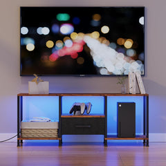 TV Stand with Fabric Drawer for 55 Inch TV, Entertainment Center with Open Shelves, Media TV Console Table for Living Room, Bedroom, Black