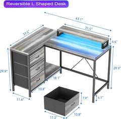 IDEALHOUSE L Shaped Home Office Desk,Computer Desk with Power Outlets & LED Lights,Gaming Computer Desk with Drawers & Shelves,Monitor Stand,Storage Shelves,for Living Room, Study, Bedroom(Pink)