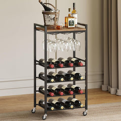 Bar Cart with Glass Holder, Rolling Wine Rack with Top Shelf, 5-Tier Serving Cart on Wheels for Kitchen, Dining Room, Living Room, Holds 16 Bottles & 9 Glasses (Rustic Brown, 5-Tier)