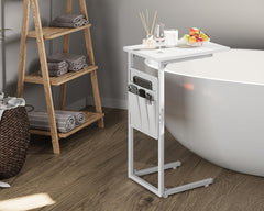 Vagusicc C Shaped End Table with Charging Station, Small Side Table for Couch, Tall Sofa Table Couch Side Tables, Slide Under Sofa Table TV Tray Arm C Tables for Living Room, Bedroom, Bedside, Brown