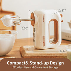 300W Compact Lightweight Electric Hand Mixer, with Powerful Quiet DC Motor for Baking, Cake, Brownies, Cookie Dough, Ideal for Home Kitchen (White)