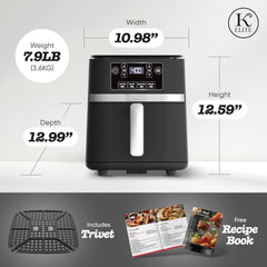 Kitchen Elite 3 Quart Digital Air Fryer Oven Compact Countertop Oil-Free Cooker with PFAS-Free Nonstick Basket, Easy Clean, Black