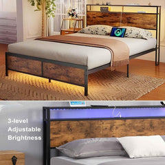Queen Bed Frame with LED Lights Storage Headboard/Charging Station, Industrial Platform Camas Frame, Heavy Duty Mattress Foundation, Noise Free,No Box Spring Needed,Easy Assembly,Brown