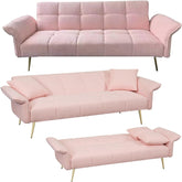 Modern Futon Sofa Bed, Velvet Convertible Upholstered Couch Bed Loveseat Sleeper, Folding Small Couches Loveseat, Reclining Foldable Rolled Arm with Pillow for for Small Spaces (Pink Velvet)