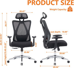 Ergonomic Office Chair with Seat Back & headrest Adjustable, Mesh Office Chair with Height Adjustable & Flip-up Arms, High Back Desk Chair with Wheels and KD Chrome Metal Legs