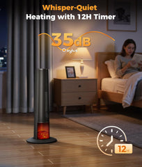 Space Heater for Indoor Use - 25" Tower Portable Heater with 3D Flame, Remote, Adjustable Thermostat, 2 Heat Modes, Multiple Safety Protection, 12H Timer, Quiet Electric Heater for Large Room
