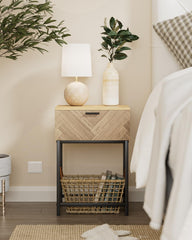 Masupu Nightstand,Bedside Tables with Storage Drawer,Tall Nightstand with Herringbone Pattern,Bedside Furniture,Small Side Table for Small Spaces, Bedroom, Living Room, Rustic Oak