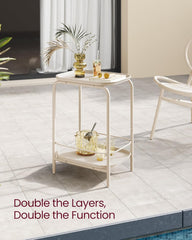VASAGLE 2-Tier Outdoor Table, Small Side End Table with Tray Storage, Bedside Nightstand for Living Room, Bedroom, Modern Style, Camel Brown ULET243K01