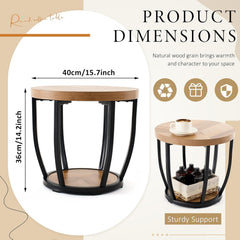 Round Coffee Table, 2-Tier Circle Wood Coffee Table with Storage Shelves, Modern Industrial Wooden Accent Center Sofa Side for Living Room, Home Office(15.7'' Dia X 14.2 H)