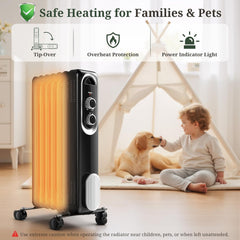 Oil Filled Radiator Heater for Indoor Use, Portable Large Room Radiant Space Heater 1500W with 3 Heat Settings Overheat & Tip-Over Protection, 11.8"D x 4.9"W x 22.8"H, White