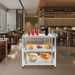 3 Tier Stainless Steel Kitchen Trolley Cart, Foldable Utility Serving Storage Rolling Car Shelf with Wheels, Shelving Unit for Hotels Restaurants Catering Train (Silver, 27 * 16 * 31in)