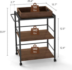 3 Tier Kitchen Cart, Rolling Bar Cart for Tea, Coffee, Liquor, and Drink Service with Removable Serving Detachable Server, Rustic Brown and Black