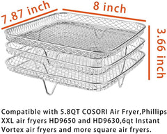 8 Inch Air Fryer Rack Square Three Stackable Racks,Stainless Steel Multi-Layer Dehydrator Rack,Air Fryer Accessories