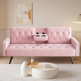 72" Pink Velvet Futon Couch Living Room Couch Bed Convertible Sleeper Sofa Bed with Cup Holder for Bedroom Guest Bed 2 Seater Reclining Sofas Couches with Nailhead Trim for Small Space (Pink)