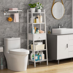 Furologee 4 Tier Ladder Shelf, Narrow Ladder Bookshelf with Drawer, Modern Freestanding Bookcase, Storage Shelves Organizer for Bathroom,Kitchen,Bedroom,Living Room,Rustic Brown