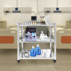 3 Tier Stainless Steel Kitchen Trolley Cart, Foldable Utility Serving Storage Rolling Car Shelf with Wheels, Shelving Unit for Hotels Restaurants Catering Train (Silver, 27 * 16 * 31in)