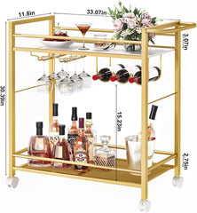 Bar Cart,Home Bar Serving Cart with Storage Shelves, 2 Tier Rolling Beverage Cart with Wheels, Modern Wine Cart with Wine Rack and Glass Holder for Kitchen, Living Room,Dinning Room,Black