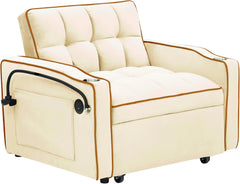 3-in-1 Convertible Sleeper Chair Sofa Bed, White Adjustable Pull Out Sofa Chair Bed with USB and Phone Holder, Modern Single Sofa with Side Pockets for Living Room, Bedroom