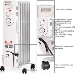 GOFLAME Oil Filled Radiator Heater with Wheels, 1500W Quiet Operation, Portable Home Office Space Heater with Adjustable Thermostat, Tip-over & Overheated Protection, 3 Heat Settings, Energy Saving