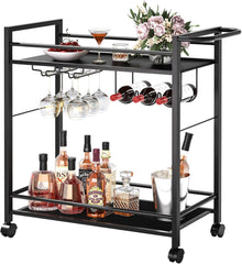 Bar Cart,Home Bar Serving Cart with Storage Shelves, 2 Tier Rolling Beverage Cart with Wheels, Modern Flowing Gold Wine Cart with Wine Rack and Glass Holder for Kitchen, Dinning Room,Living Room