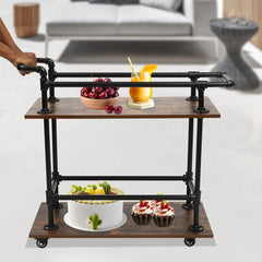 Industrial Bar Cart, Double Deck Food Cart, Floor Standing Bar Cart, Removable Industrial Rolling Cart, Bar Cart for Garden, Patio, Balcony, 33.07" X 33.66" X 15.75", Brown, Black
