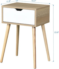 Mid-Century Modern Side Table: White Nightstand with Drawer - Rubber Wood Legs & MDF Top for Bedroom & Living Room - 15.7x11.8x23.6 Inches Easy Assembly Furniture