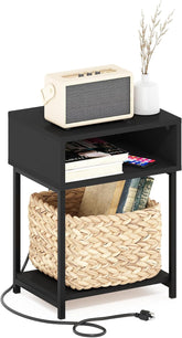 Furinno Moretti Side Table, 3-Tier End Table with Charging Station, Metal Frame Night Stand, Bedside Table with USB and Type-C Charging Port, for Living Room, Bedroom, Americano