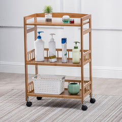 Rolling Home Bar Serving Cart,3-Tier Bamboo Kitchen Serving Trolley,Utility Cart with Removable Trays for Livingroom Bathroom Kitchen