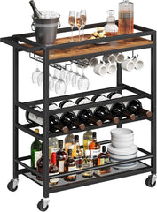 Bar Cart for Home, 3-Tier Serving Cart with Wine Rack, Rolling Wine Cart with Glass Holders, Beverage Cart, for Living Room, Dining Room, Rustic Brown and Black RCHR11801