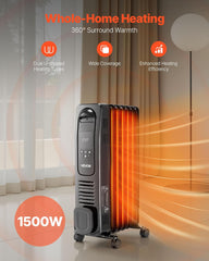 VEVOR Electric Oil Filled Radiator, 1500W Radiant Space Heater with LED Screen, Over-Heat Protections,24h Timer, Portable Handle Casters, Thermostat,Remote Control for Indoor Use,Black
