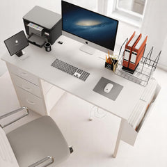 47.3" Modern Office Desk with Power Outlet, 3 Drawers & Side Pocket, Reversible Study Desk with Metal Frame, Adjustable for Home, Office, Computer, Game,Vanity Use,Easy Assembly (White)