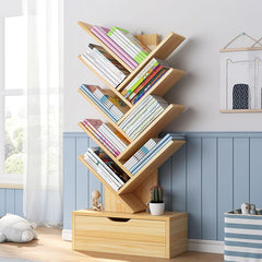 8-Tier Tree Bookshelf, Retro Floor Standing Bookcase, Utility Organizer Shelves with Drawer,Wooden Bookshelves Storage Rack for Home Office, Living Room, Bedroom Wooden Color