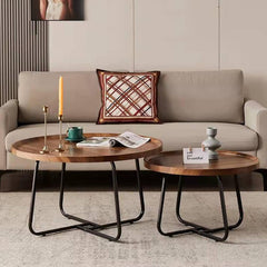 Modern Round Coffee Table with Metal Frame, Wood Raised Edge Center Table, Durable Easy Assembly Cocktail Table End Table for Living Room Office(50x39cm(19.7x15.3), Natural)