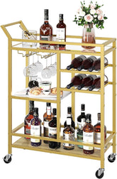 Bar Cart for Home, 3-Tier Serving Cart with Glass Top, Beverage Cart with Wine Rack and Glass Holder, Drink Cart with Wheels, for Dining Room, Living Room, Gold and White RCJM71B01