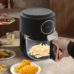 1200W Glass Air Fryer with 360° Viewable Basket, 3.8QT Borosilicate Airfryer with Touchscreen & 8 Presets Oil-Free Cooker for Family/Outdoor Use (White)