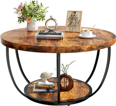 Round Coffee Table, 31.5" Wooden 2-Tier Circle Coffee Table with Storage Shelves, for Living Room & Kitchen (Rustic Brown)