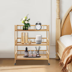 Bamboo Bar Carts with 3 Tier Storage Shelves Holder, Home Serving Carts on Wheels, Storage Organizer Utility Cart for Kitchen, Bar, Dinning Room