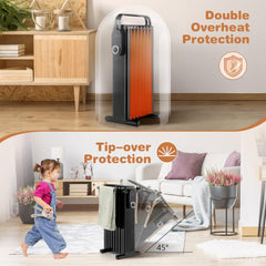 GOFLAME 1500W Oil Filled Radiator Heater, Electric Portable Space Heater with 3 Heat Settings, Overheat & Tip-Over Protection, Quiet Heater with Towel Rack and Wheels for Home Office Indoor Use, Black