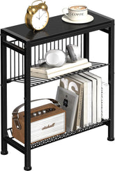 End Table for Small Space, 3-Tier Narrow Side Table with Magazine Holder, Nightstand, Skinny Snack Couch Table in Living Room, Bedroom Study and Balcony (Black)