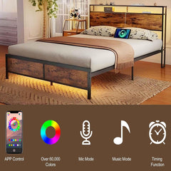 Queen Bed Frame with LED Lights Storage Headboard/Charging Station, Industrial Platform Camas Frame, Heavy Duty Mattress Foundation, Noise Free,No Box Spring Needed,Easy Assembly,Brown
