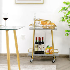 LOKO Gold Bar Cart, 2-Tier Liquor Cart with Lockable Wheels, Rolling Wine Cart Bar Serving Cart with 2 Shelves for Kitchen, Dining Room & Living Room, 24 x 16 x 32.5 inches