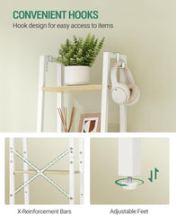 Ladder Shelf, Bookshelf Bookcase, Freestanding Corner Storage Shelve with 2 Hooks for Home Office, Living Room, Kitchen, Bedroom, Industrial, 11.8"Dx13.4"Wx63"H, White Oak and White BC03216W