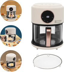 Airy Fryer, 3.8Qt 1200W Glass Air Fryer, 8-in-1 Functions, 360° Viewable, Digital Display, Adjustable Temp 80℃~200℃(176F-392F), 60 Min Timer (White)