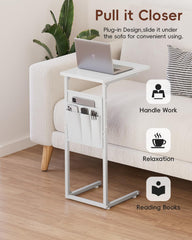 Vagusicc C Shaped End Table with Charging Station, Small Side Table for Couch, Tall Sofa Table Couch Side Tables, Slide Under Sofa Table TV Tray Arm C Tables for Living Room, Bedroom, Bedside, Brown